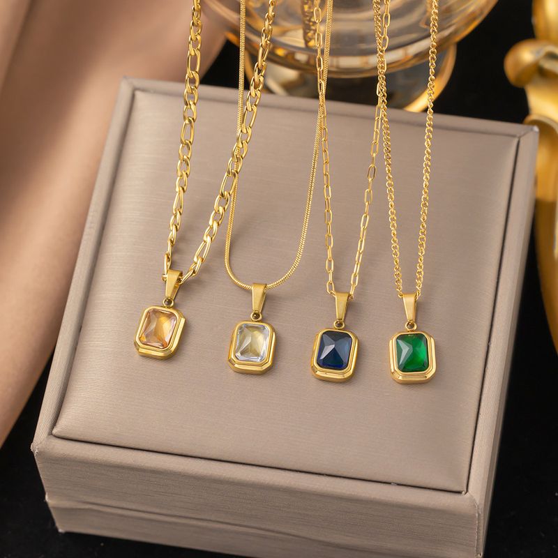 304 Stainless Steel 18K Gold Plated IG Style Simple Style Polishing Plating Inlay Square Artificial Rhinestones Pendant Necklace