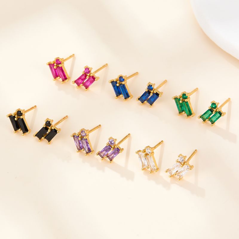 1 Pair Simple Style Geometric Rectangle Plating Inlay Sterling Silver Zircon 18k Gold Plated White Gold Plated Ear Studs