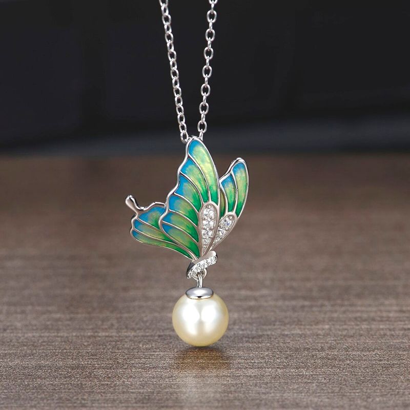 Sterling Silver Elegant Simple Style Butterfly Butterfly Pearl Pendant Necklace