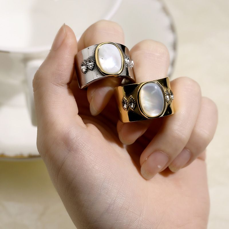 Retro Geometrisch Titan Stahl Überzug Inlay Strasssteine Opal Ringe