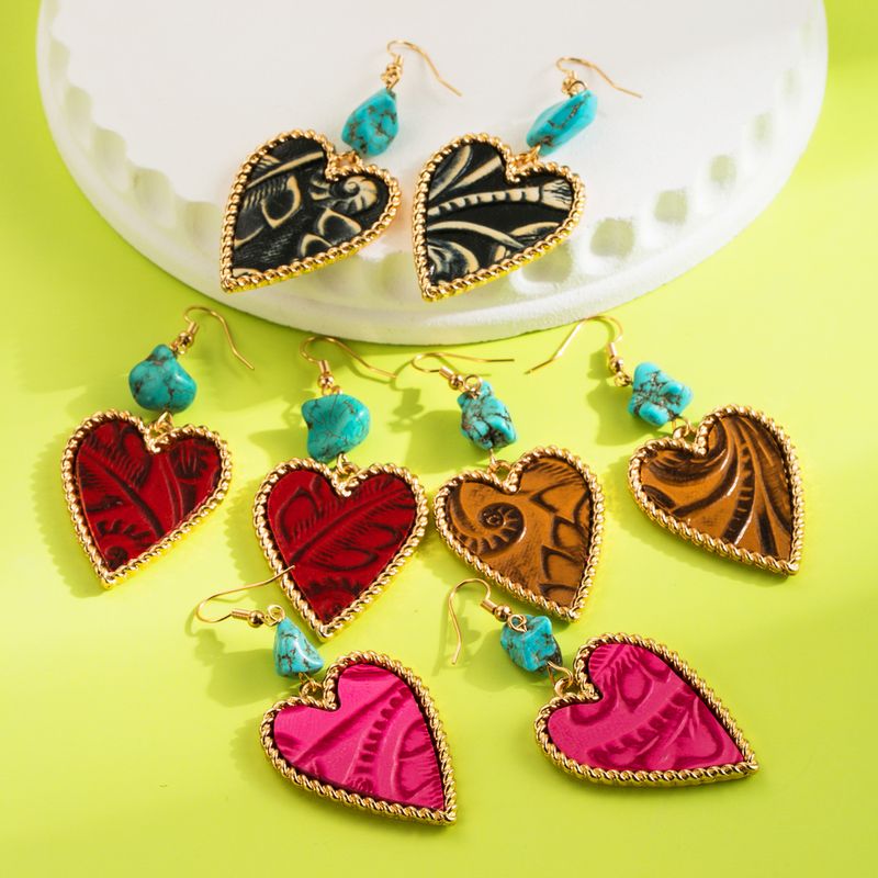 1 Pair Elegant Vintage Style Heart Shape Plating Inlay Alloy Artificial Leather Turquoise Drop Earrings