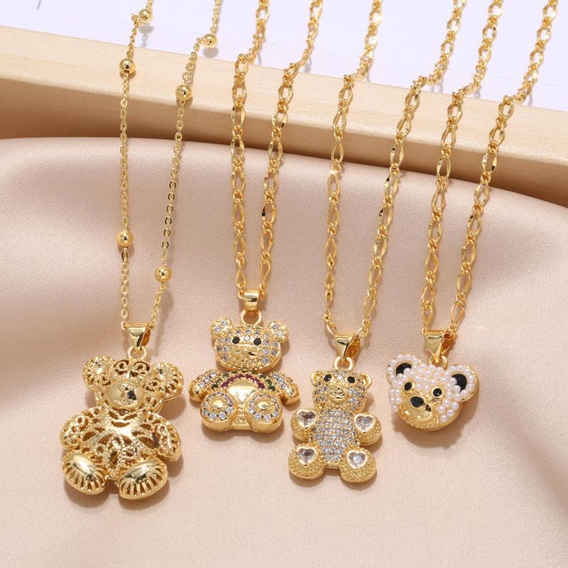 Cute Modern Style Simple Style Little Bear Copper Plating Hollow Out Inlay Pearl Zircon 18k Gold Plated Pendant Necklace