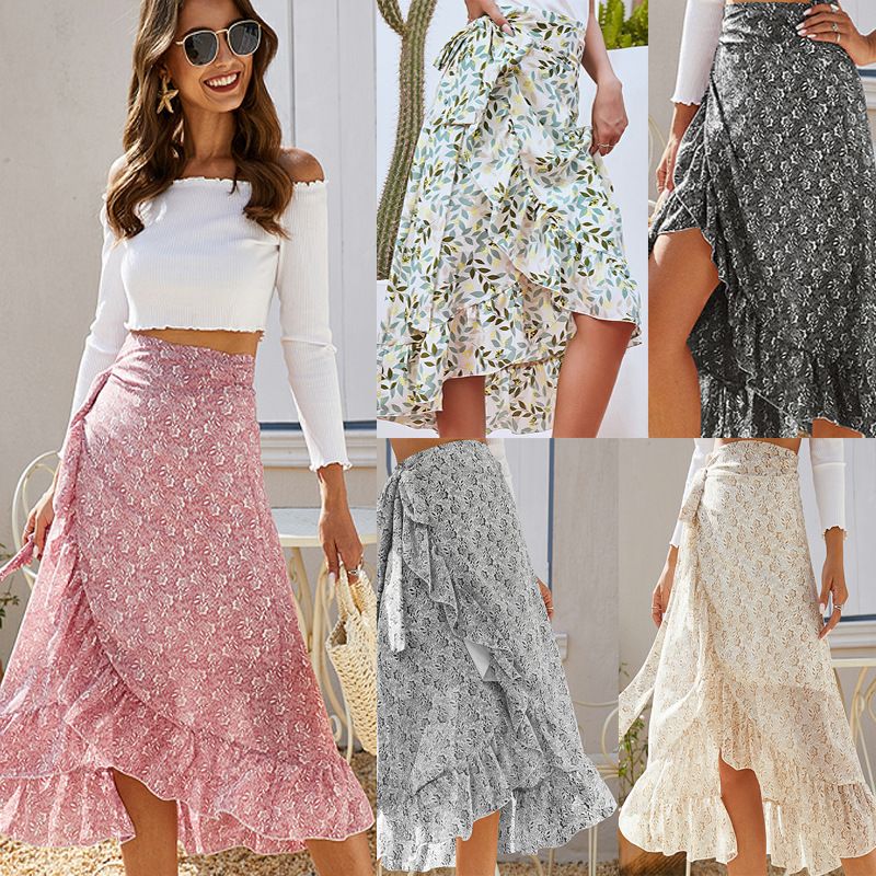 Summer Spring Casual Vacation Ditsy Floral Polyester Chiffon Knee-length Skirts