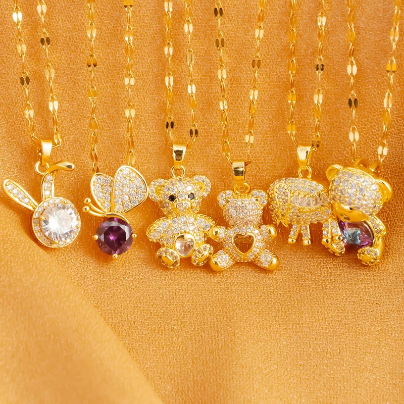 Wholesale Cute Simple Style Animal Stainless Steel Copper Plating Inlay 18K Gold Plated Rhinestones Zircon Pendant Necklace