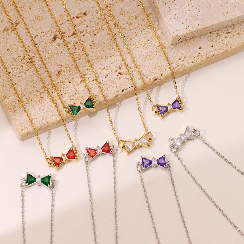 Simple Style Bow Knot Stainless Steel Plating Inlay Zircon White Gold Plated Gold Plated Pendant Necklace