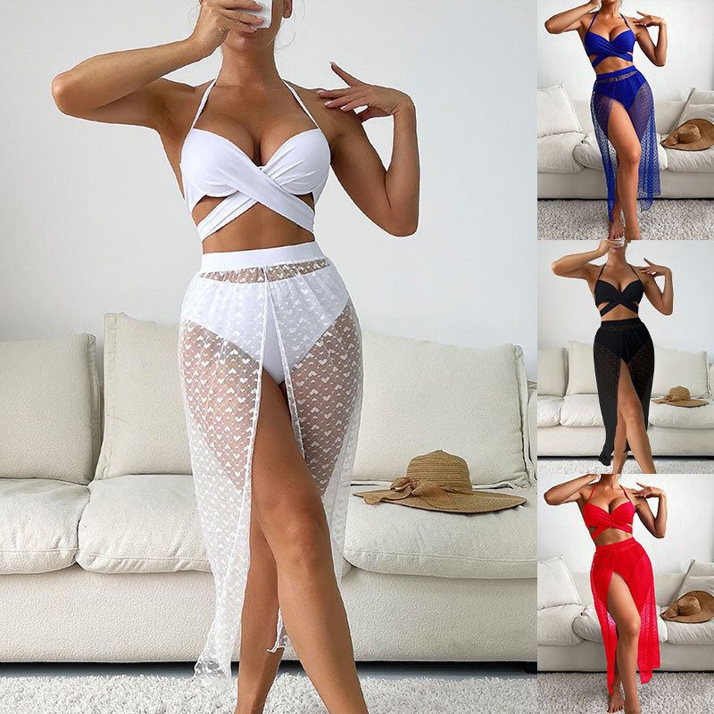 Mujeres Elegante Color Sólido Juego De 3 Piezas Bikinis Traje De Baño