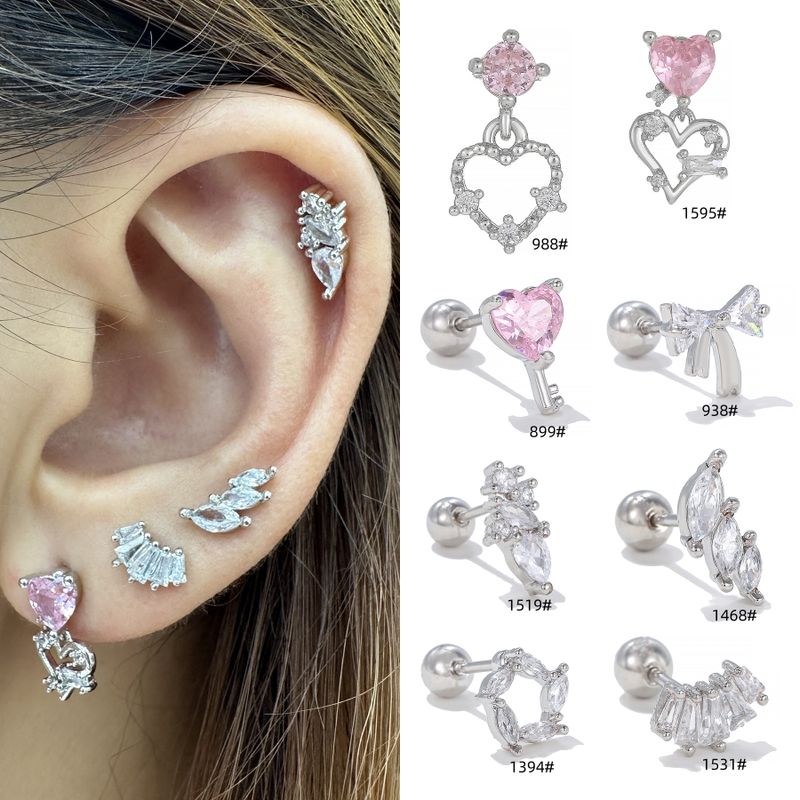 1 Piece Sweet Simple Style Geometric Heart Shape Bow Knot Plating Inlay Brass Zircon 18k Gold Plated White Gold Plated Ear Studs
