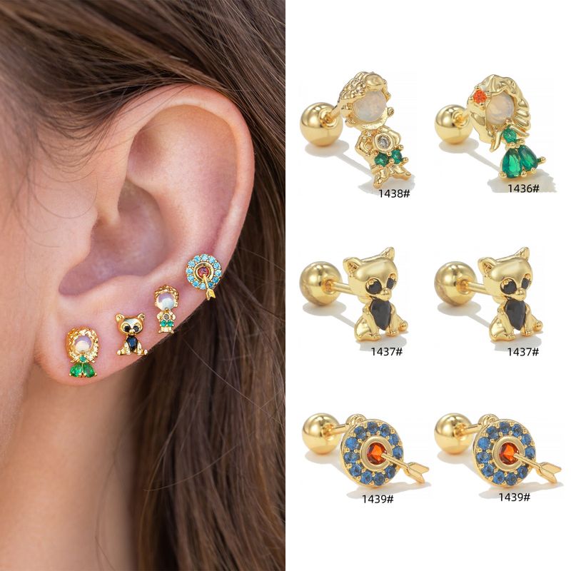 1 Piece Ig Style Simple Style Geometric Animal Cartoon Character Plating Inlay Brass Zircon 18k Gold Plated White Gold Plated Ear Studs