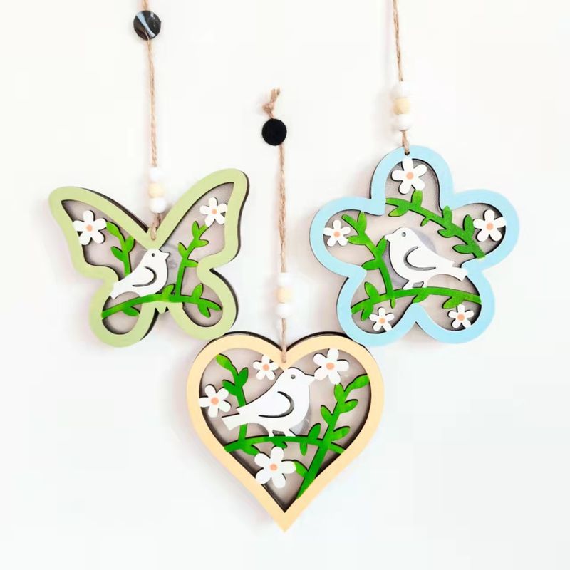 Simple Style Flower Butterfly Bird Wood Pendant Artificial Decorations