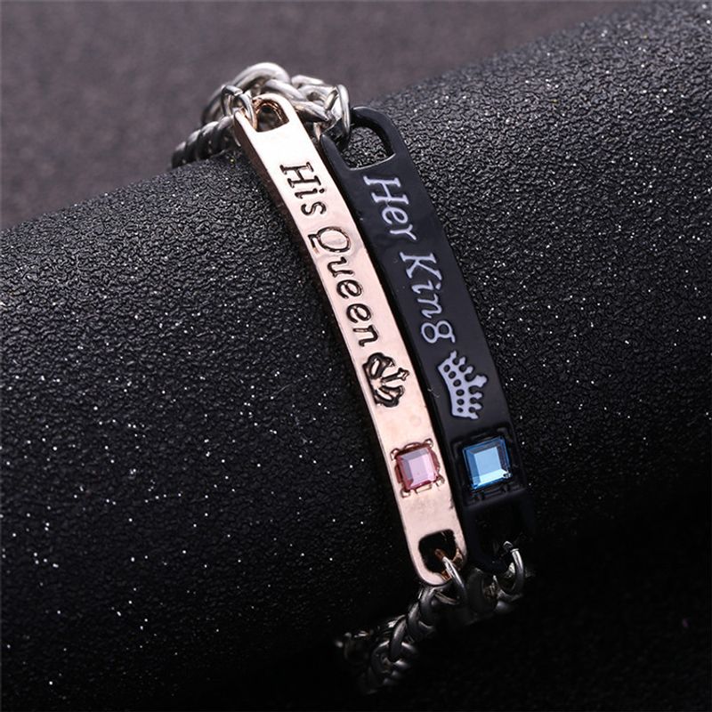 Simple Style Letter Crown Alloy Plating Inlay Artificial Gemstones Couple Bracelets