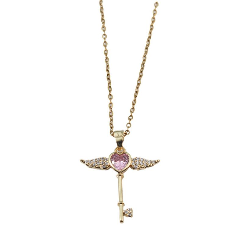 Style Simple Forme De Cœur Ailes Clé Acier Au Titane Le Cuivre Placage Incruster Zircon Pendentif