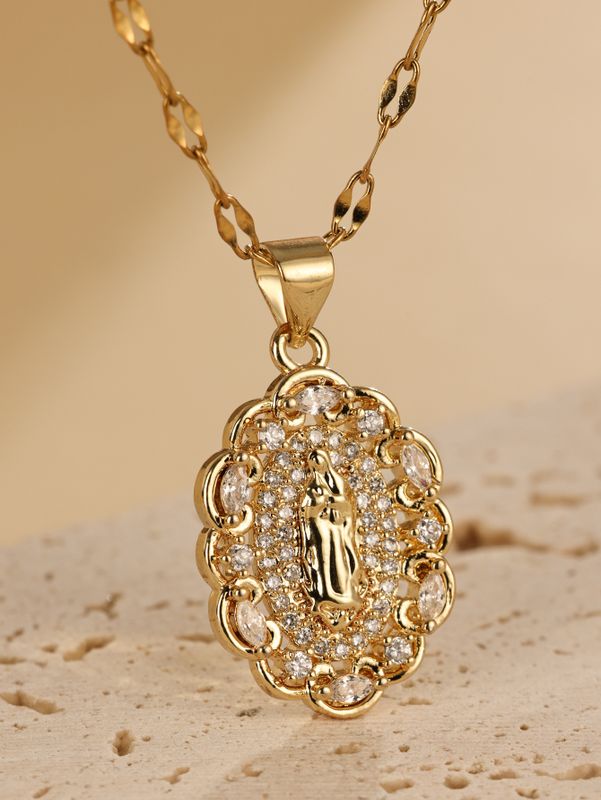Elegant Oval Lace Stainless Steel Plating Inlay Zircon 18k Gold Plated Pendant Necklace