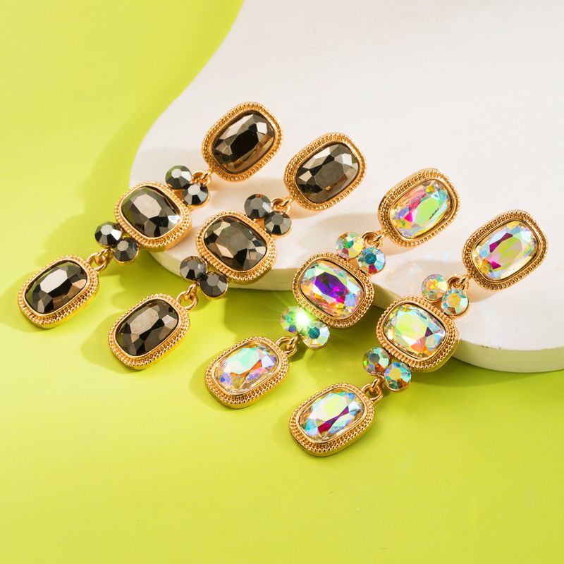 1 Pair Luxurious Shiny Round Rectangle Plating Inlay Alloy Rhinestones Glass Drop Earrings