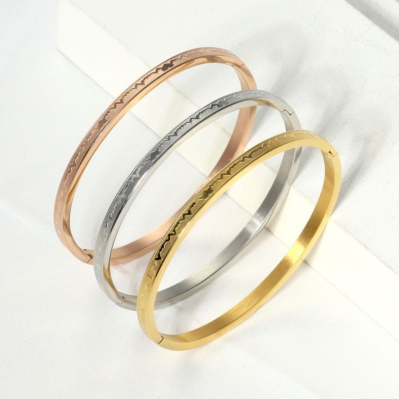 Stainless Steel Ig Style Elegant Simple Style Geometric Letter Electrocardiogram Plating Carving Bangle