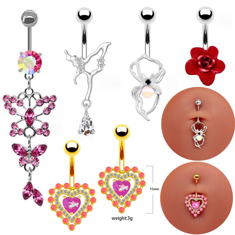 1 Piece Belly Rings Sexy Heart Shape Flower Butterfly Stainless Steel Alloy Plating Inlay Rhinestones Beads White Gold Plated Gold Plated