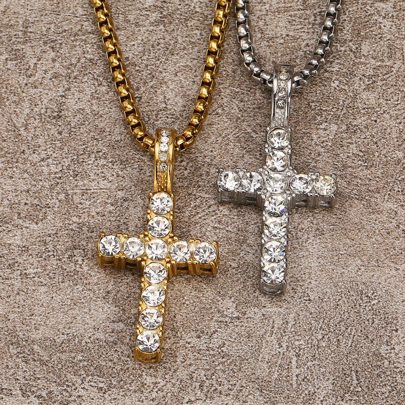 Titanium Steel 18K Gold Plated IG Style Hip-Hop Korean Style Inlay Cross Zircon Pendant Necklace