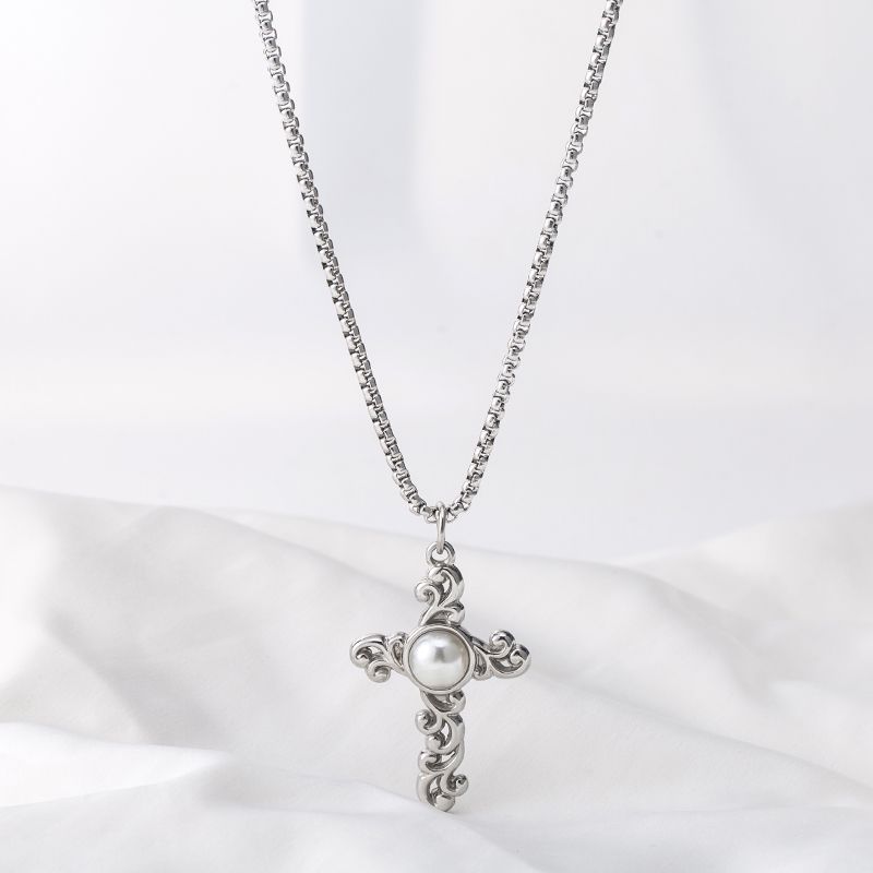304 Stainless Steel Elegant Plating Inlay Cross Artificial Pearls Pendant Necklace