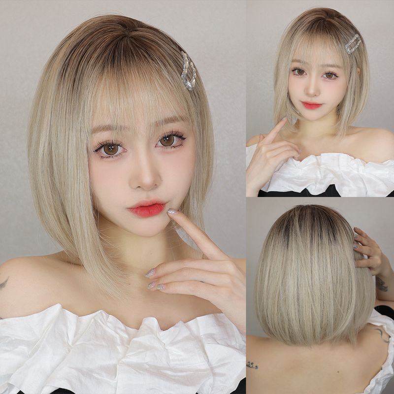 Women's Cute Simple Style Light Brown Casual Carnival Street Chemical Fiber Bangs Short Straight Hair Wig Net