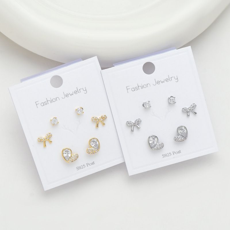 1 Set Simple Style Round Heart Shape Bow Knot Plating Inlay Copper Zircon Ear Studs