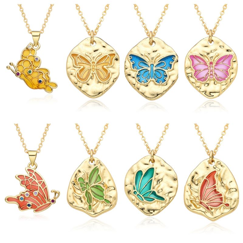 Copper IG Style Simple Style Butterfly Enamel Plating Inlay Zircon Pendant Necklace