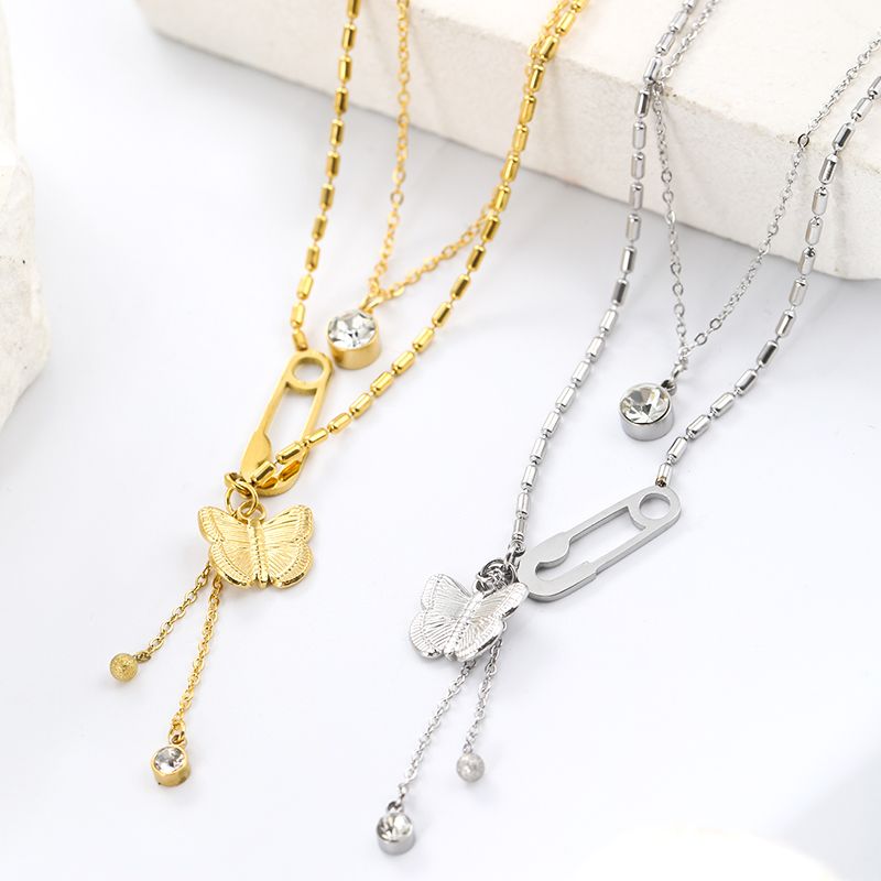 Stainless Steel Elegant Plating Inlay Solid Color Butterfly Zircon Pendant Necklace