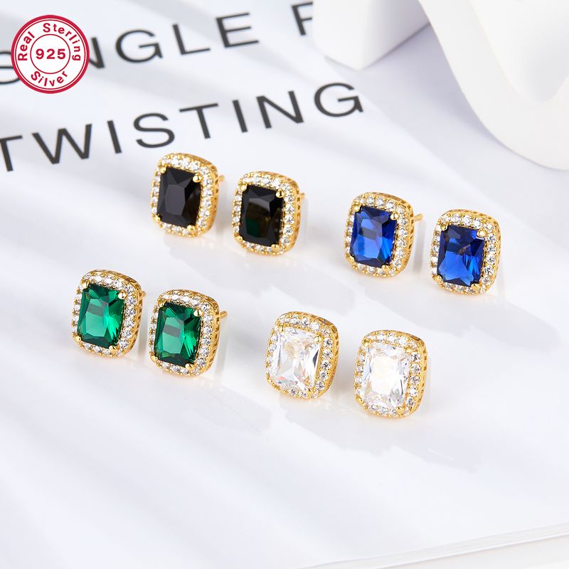 1 Pair Elegant Rectangle Plating Inlay Sterling Silver Zircon Ear Studs