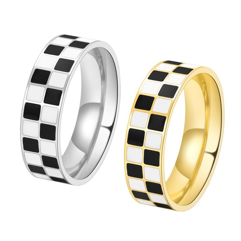 Stainless Steel Simple Style Geometric Checkered Enamel Rings
