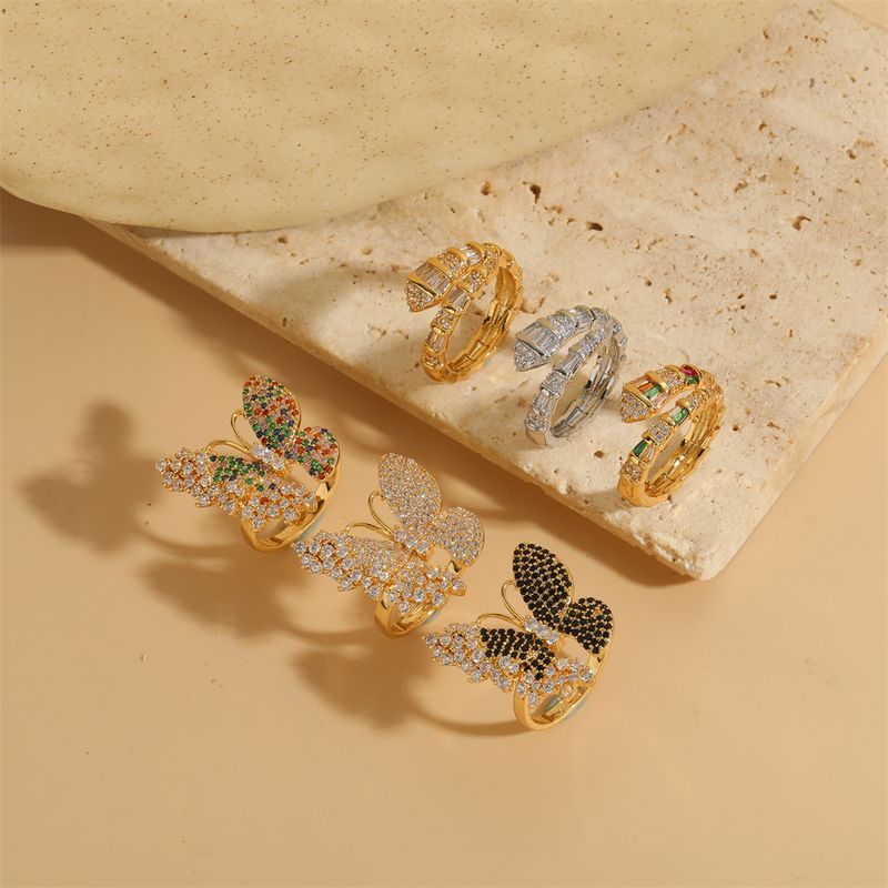Großhandel Vintage-Stil Schmetterling Kupfer Inlay Zirkon Offener Ring