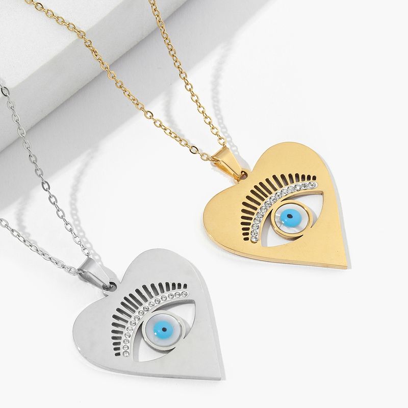 201 Stainless Steel Zircon Classic Style Polishing Plating Inlay Devil's Eye Heart Shape Pendant Necklace