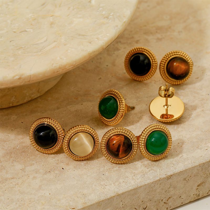 1 Pair Vintage Style Oval Plating Stainless Steel Opal Agate 16K Gold Plated White Gold Plated Gold Plated Ear Studs