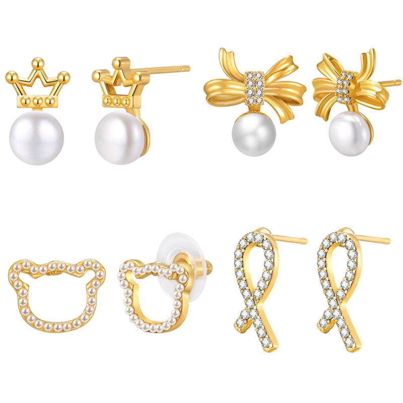 1 Pair Sweet Crown Bow Knot Plating Inlay Copper Alloy Artificial Pearls Zircon Ear Studs