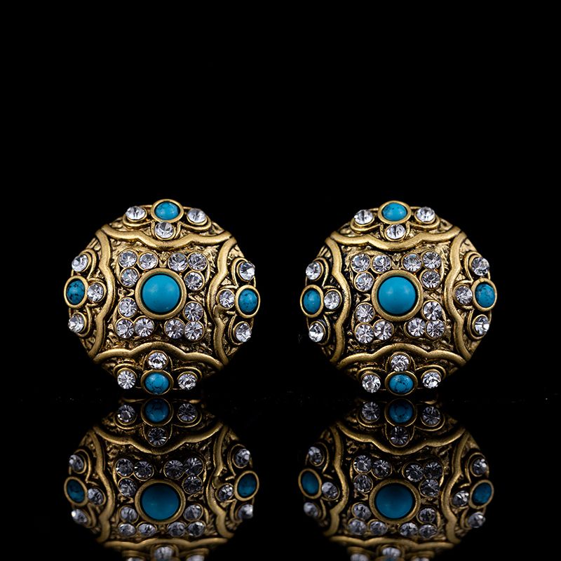 1 Pair Glam Retro Round Plating Inlay Copper Turquoise Zircon Ear Studs
