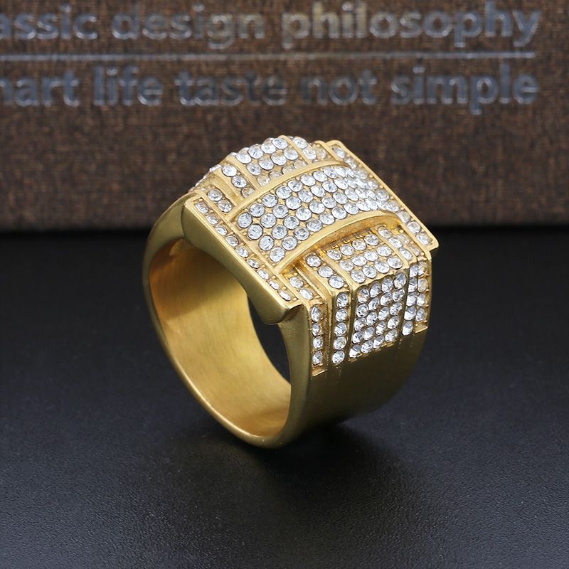 Hip-Hop Geometric Titanium Steel Plating Inlay Zircon 18K Gold Plated Men's Rings