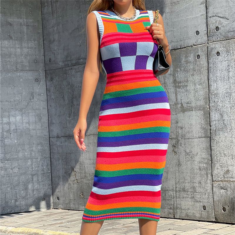 Women's Regular Dress Elegant Vacation Round Neck Contrast Binding Sleeveless Rainbow Color Block Midi Dress Daily