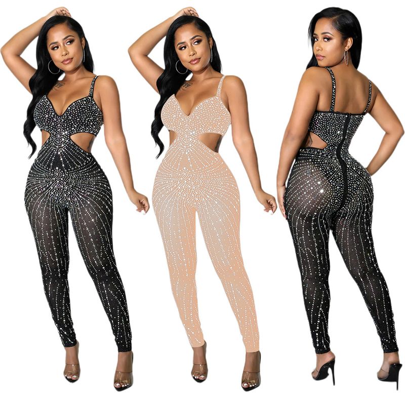 Women's Holiday Street Sexy Solid Color Full Length Diamond Jumpsuits