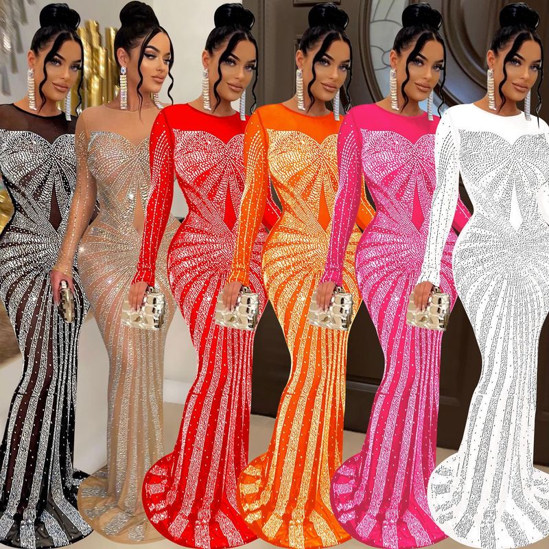 Mujeres Envoltura Elegante Cuello Redondo Diamante Manga Larga Color Sólido Vestido Maxilargo Banquete Fiesta Calle