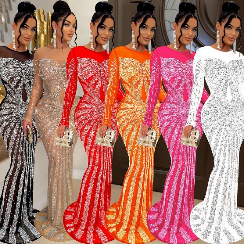 Women's Sheath Dress Elegant Round Neck Diamond Long Sleeve Solid Color Maxi Long Dress Banquet Party Street