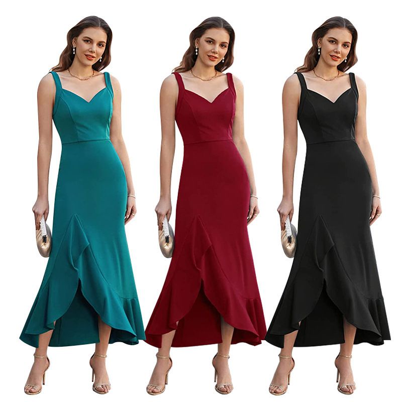 Women's Regular Dress Trumpet Dress Elegant V Neck Ruffles Sleeveless Solid Color Maxi Long Dress Daily
