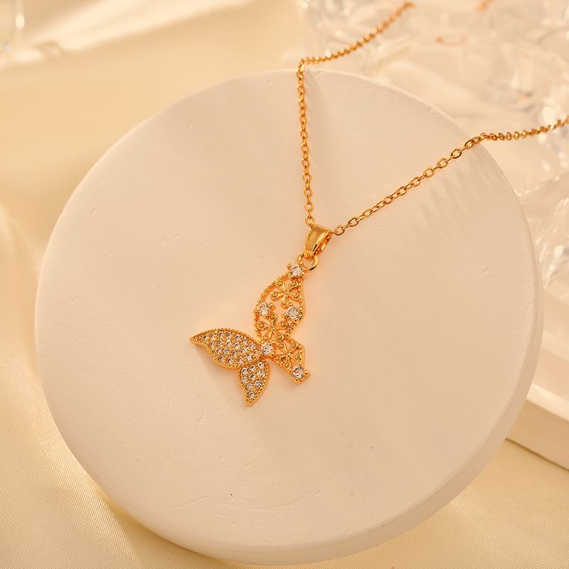 Copper Elegant Simple Style Flower Butterfly Plating Hollow Out Inlay Zircon Pendant Necklace