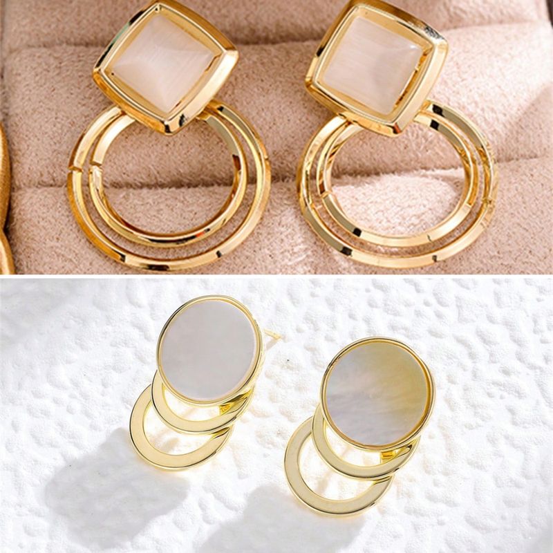 1 Pair Elegant Princess Circle Rhombus Plating Inlay Copper Opal Shell Drop Earrings