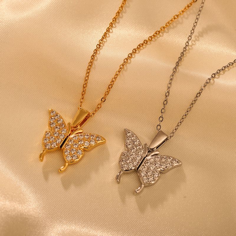 Titanium Steel IG Style Shiny Butterfly Inlay Zircon Pendant Necklace