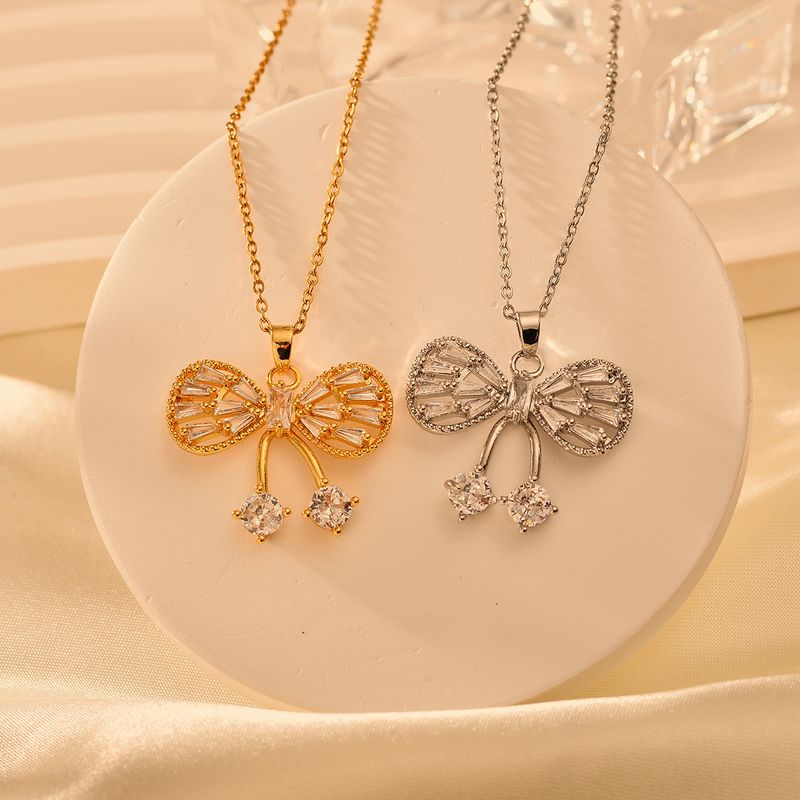 Copper Classical Handmade Funny Bow Knot Inlay Zircon Pendant Necklace