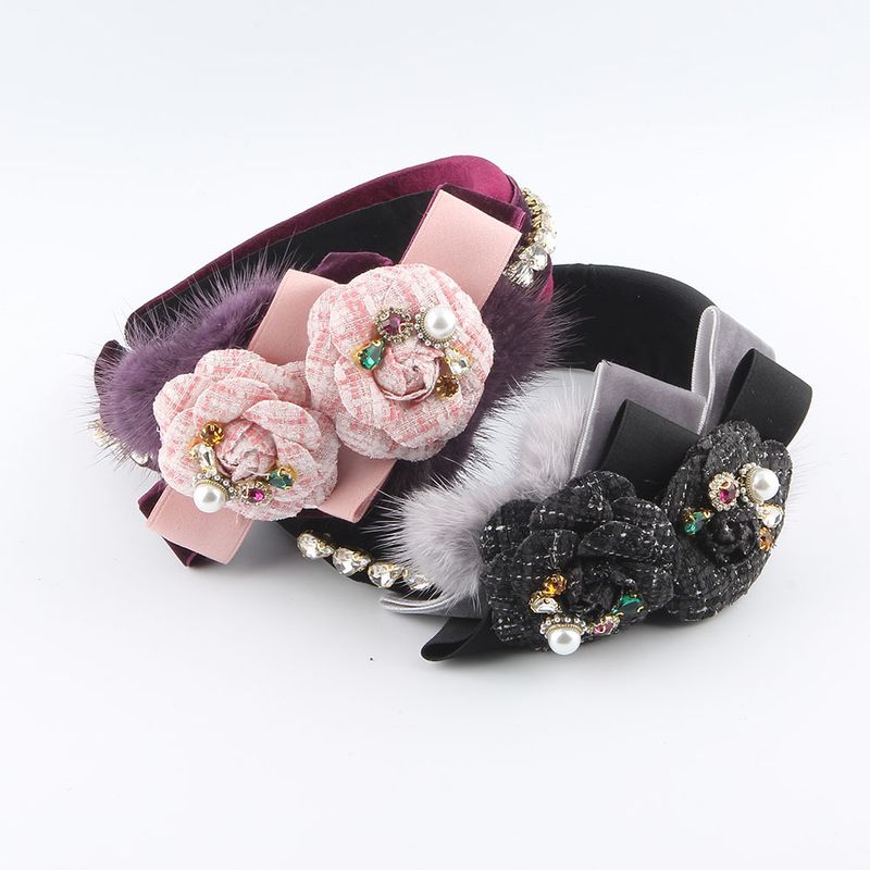 Women's Elegant Fashion Flower Cloth Inlay Artificial Pearls Rhinestones Hair Band