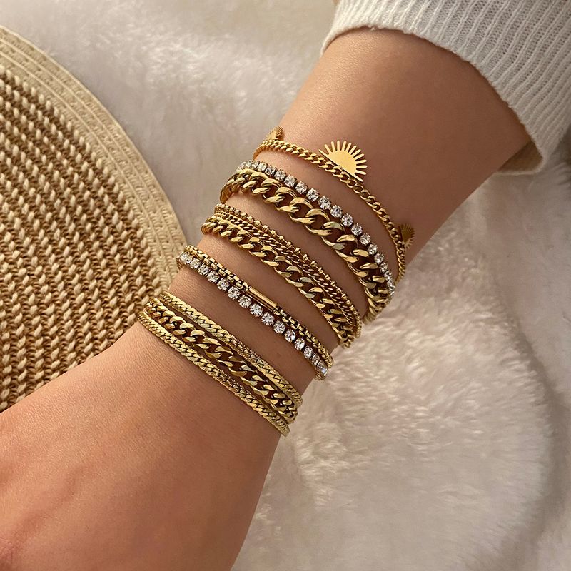 Wholesale Jewelry Solid Color Commute Geometric Stainless Steel Rhinestones 18K Gold Plated Layered Plating Inlay Bracelets