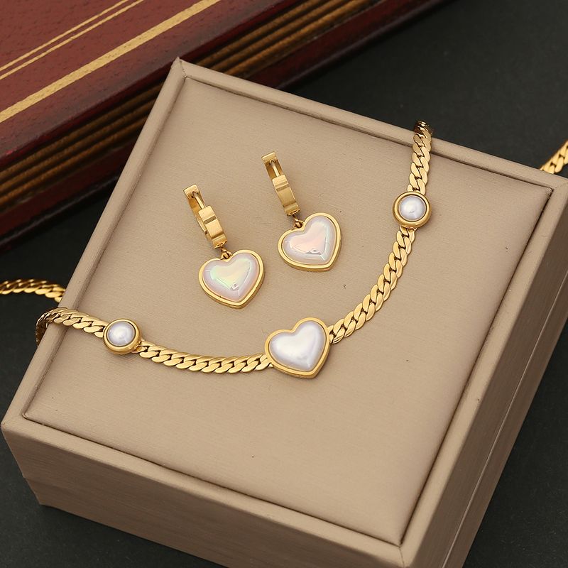 Stainless Steel 18K Gold Plated Wedding Romantic Commute Plating Inlay Heart Shape Pearl Bracelets Earrings Necklace