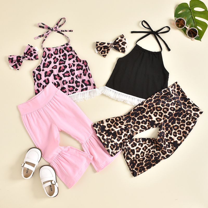 Classical Cute Solid Color Leopard Cotton Girls Clothing Sets