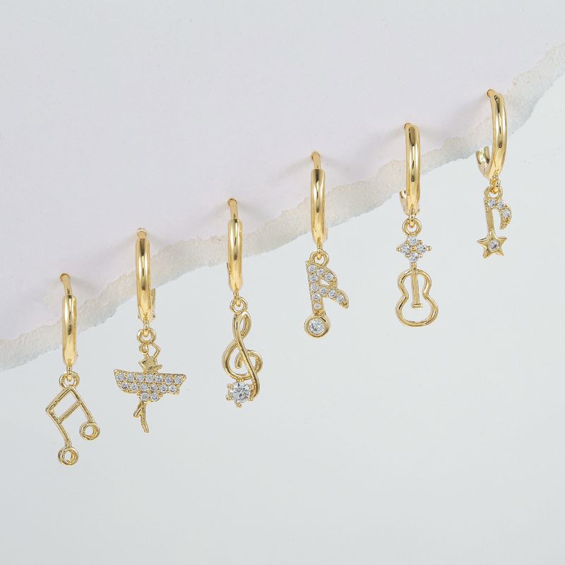 Wholesale Jewelry Cute Sweet Guitar Notes Brass Zircon 18k Gold Plated Silver Plated Plating Inlay Drop Earrings