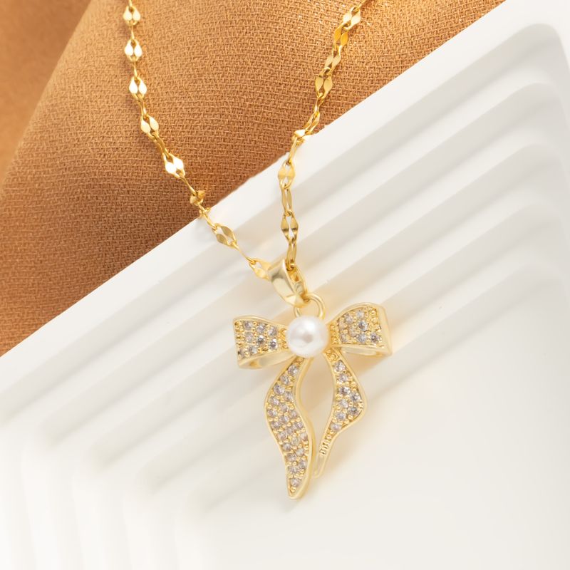 Stainless Steel 18K Gold Plated Sweet Streetwear Plating Inlay Bow Knot Pearl Zircon Pendant Necklace