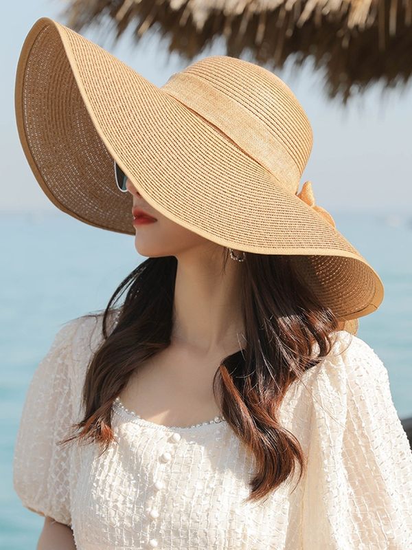 Women's Basic Solid Color Bowknot Side Of Fungus Straw Hat