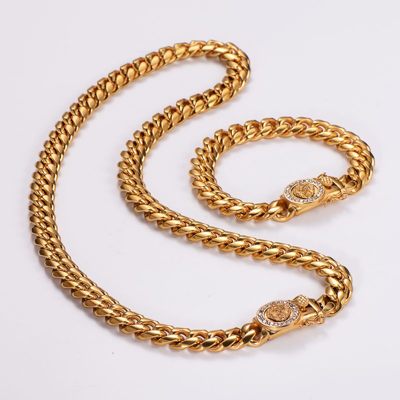 Hip-Hop Rock Cool Style Lion Solid Color Stainless Steel Plating Inlay Rhinestones 18K Gold Plated Unisex Bracelets Necklace